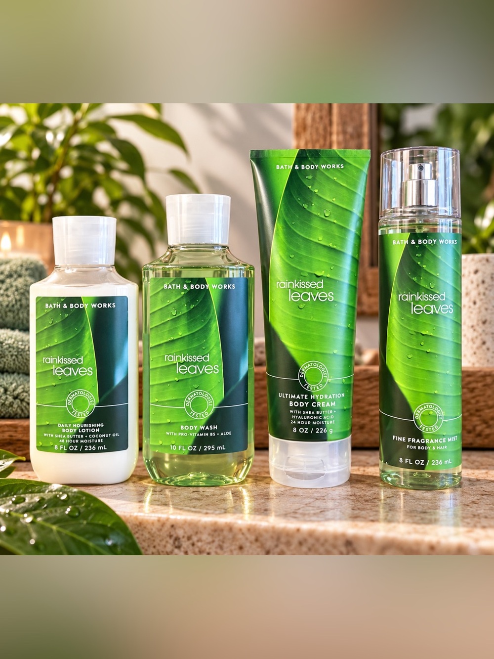 Nwt bath and body works sun kissed leaves wash , lotion , body cream and mist